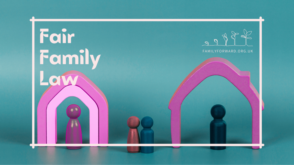 Fair Family Law. Image of two wooden houses with a wooden peg person in each to symbolise one parent in each house. Two smaller peg people sit between the houses to symbolise two children.