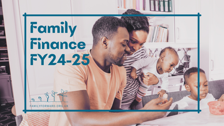 Family Finance in the new tax year FY24-25. Photo of a family looking at paperwork on a table. Text overlay reads "Family Finance FY24-25".