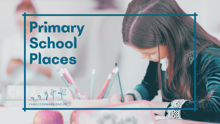 Primary School Places. Photo of a school child writing at a desk. Text overlay reads "Primary School Places"