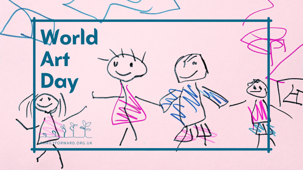 World Art Day article. Image of a child's drawing of stick people representing their family. Text overlay reads "World Art Day".